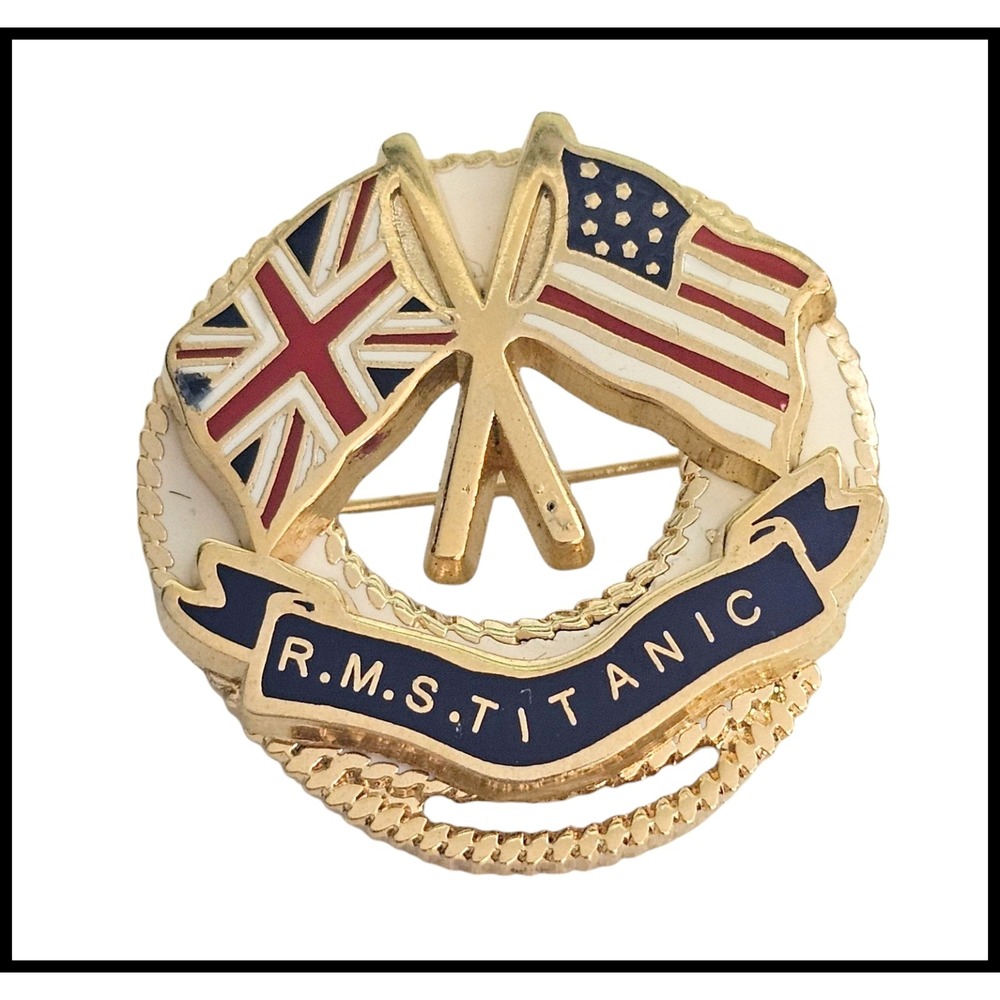 RMS Titanic Pin Brooch Crossed Flags USA‎ UK Gold Tone Nautical Souvenir